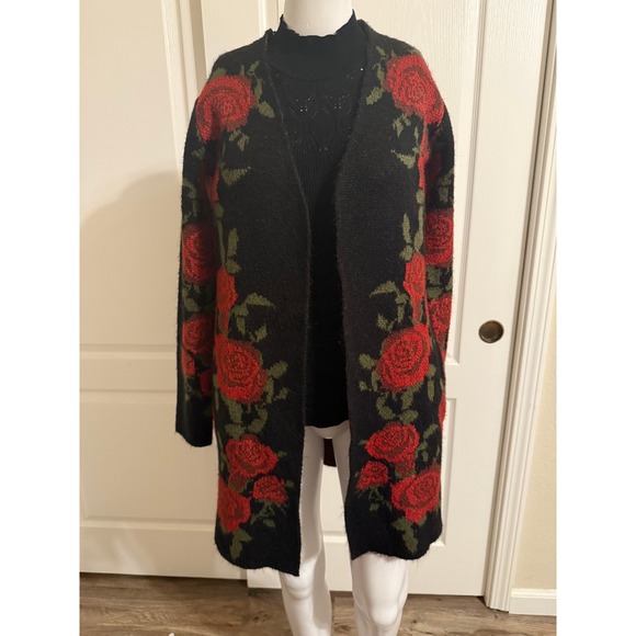 By Design Sweaters - BY DESIGN Black Red Rose Floral Knit Long Cardigan Sweater Womens Small